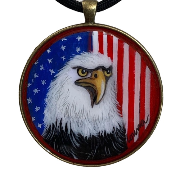 American Flag and Eagle all Handpainted LG Pendant 4th of July jewelry Birds - Picture 2 of 4